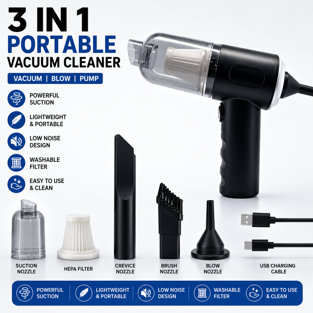 3-in-1 Smart Portable Vacuum Cleaner — Car, Home & Office | Cordless & Rechargeable
