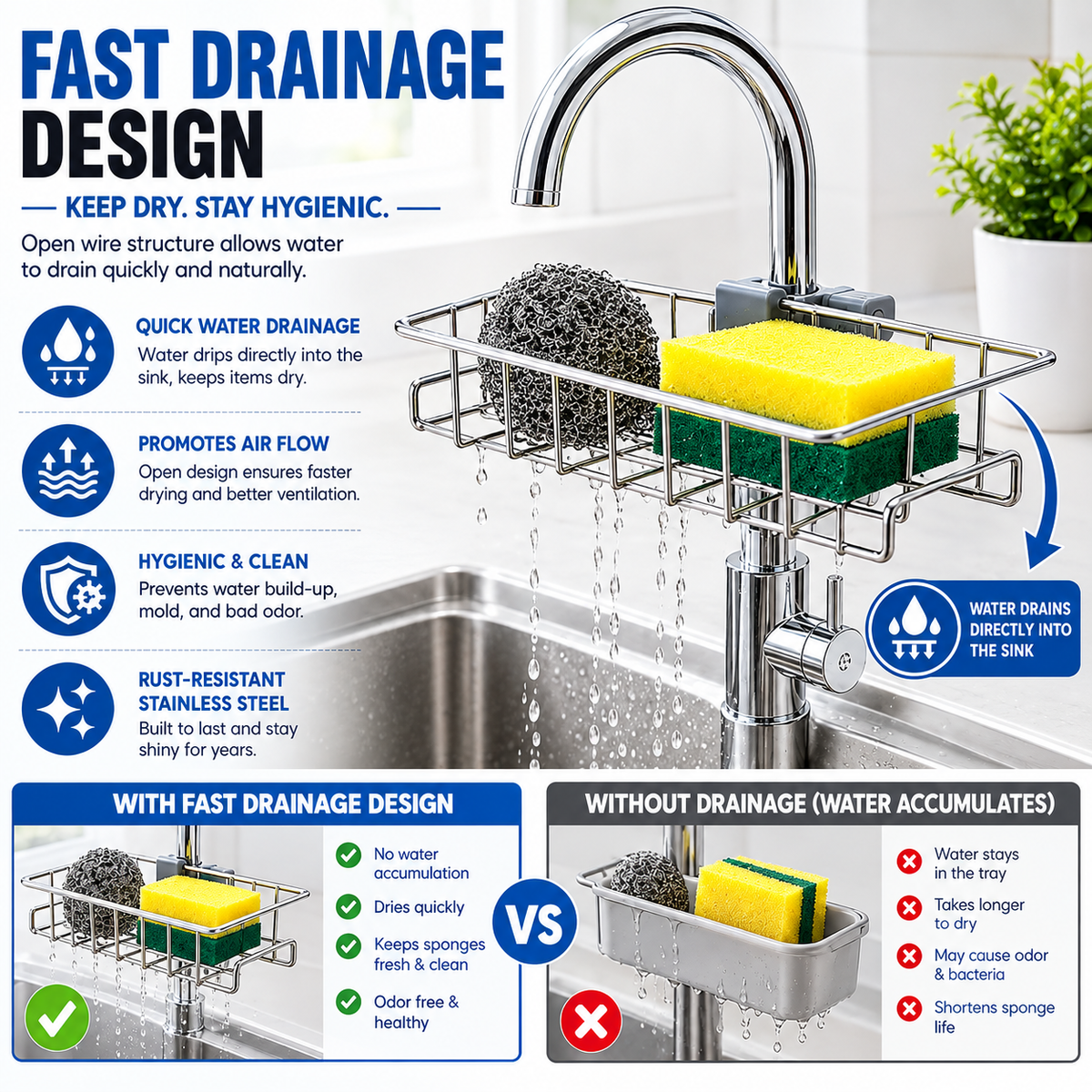 Stainless Steel Sponge Holder for Kitchen Sink (Large)